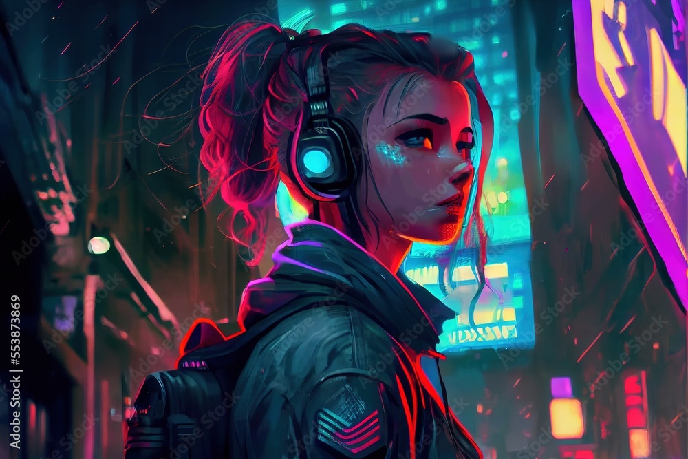 Obraz premium anime girl with headset vibe to music , cyberpunk, steampunk, sci-fi, fantasy