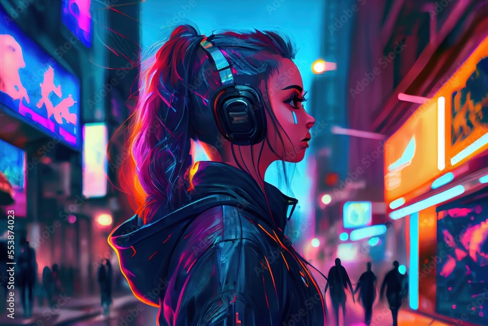 anime girl with headset vibe to music , cyberpunk, steampunk, sci-fi,  fantasy Stock Illustration