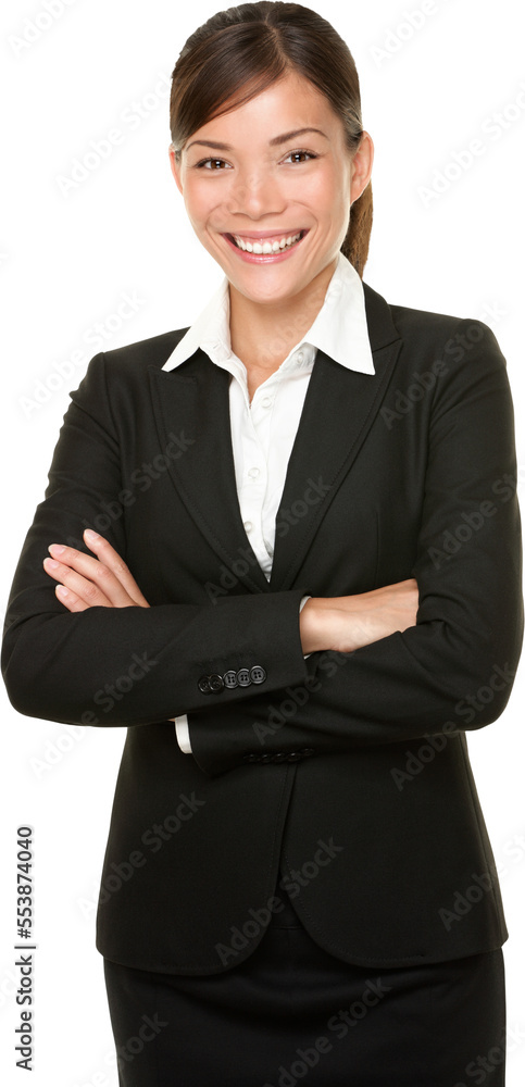 Smiling happy businesswoman portrait of multiracial Asian / Caucasian business woman isolated cutout PNG on transparent background. Smiling happy businesswoman portrait of multiracial Asian / Caucasian business woman isolated cutout PNG on transparent background.