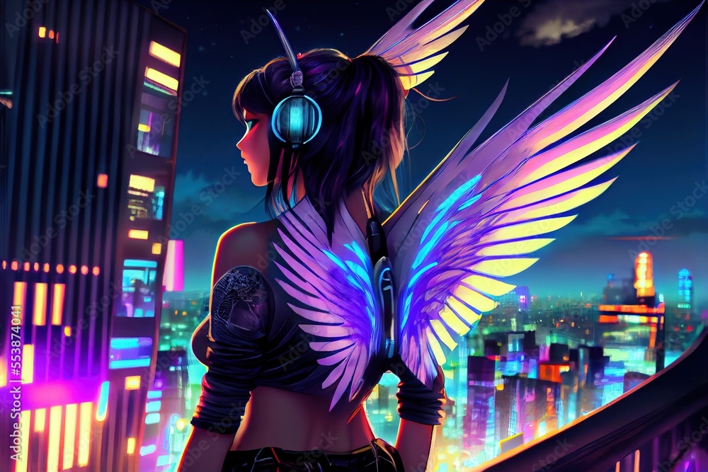 anime girl with headset vibe to music , cyberpunk, steampunk, sci-fi,  fantasy Stock Illustration