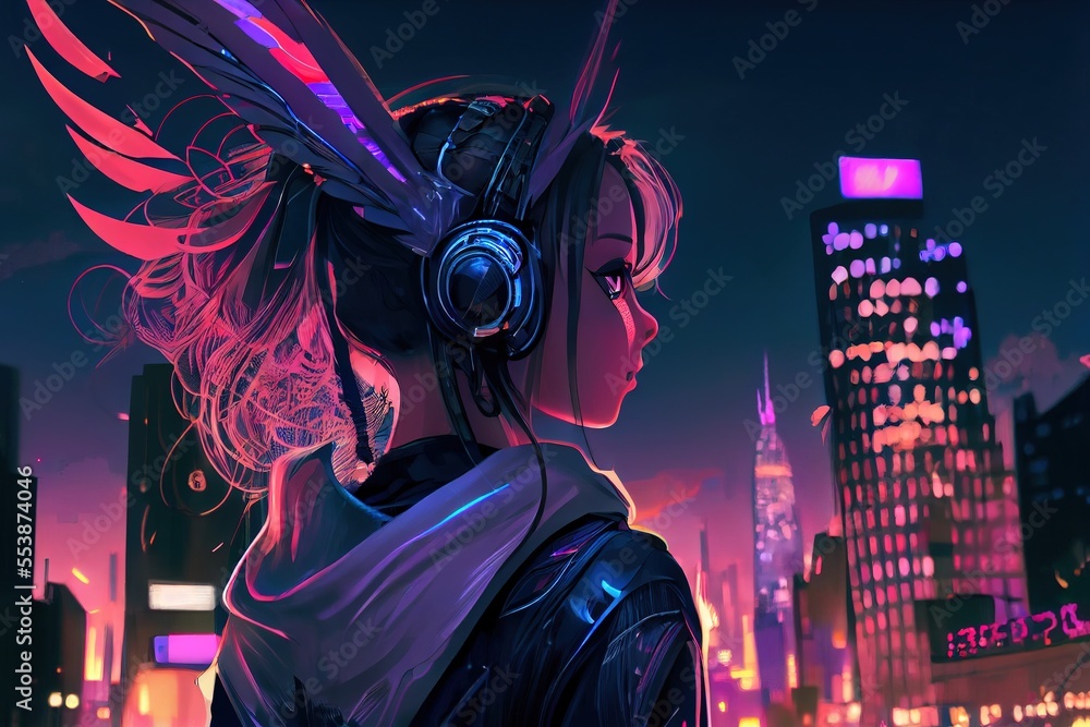 anime girl with headset vibe to music , cyberpunk, steampunk, sci-fi,  fantasy Stock Illustration