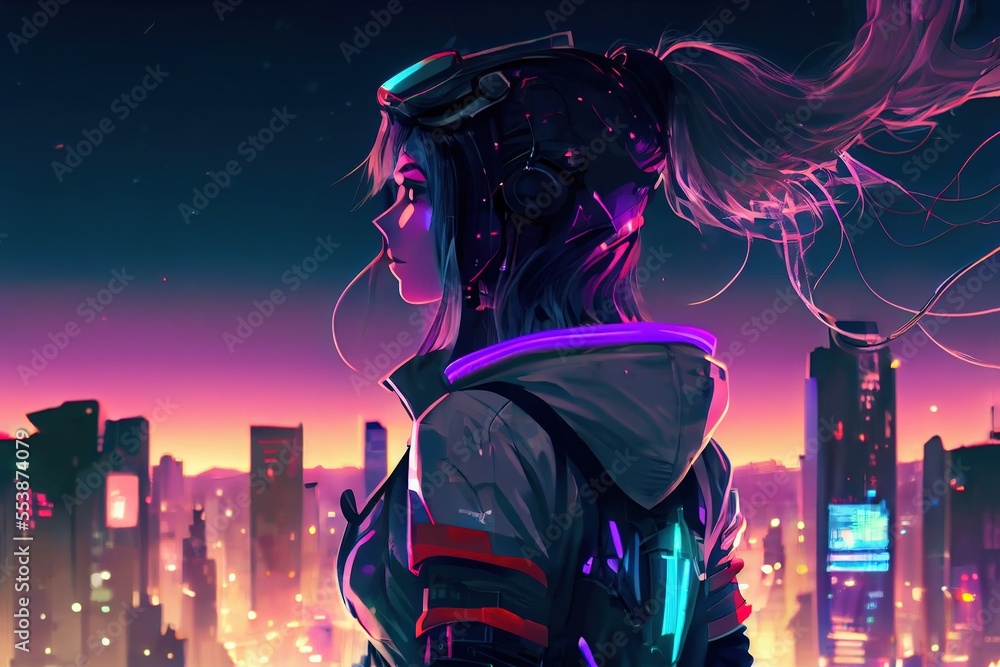 anime girl with headset vibe to music , cyberpunk, steampunk, sci-fi, fantasy anime girl with headset vibe to music , cyberpunk, steampunk, sci-fi, fantasy