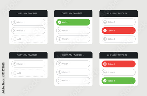 Glassmorphism style. Mockup questionnaire for social networks. Template social media quiz, tests. Realistic glass morphism effect with set of transparent glass plates. Vector illustration. 10 EPS.