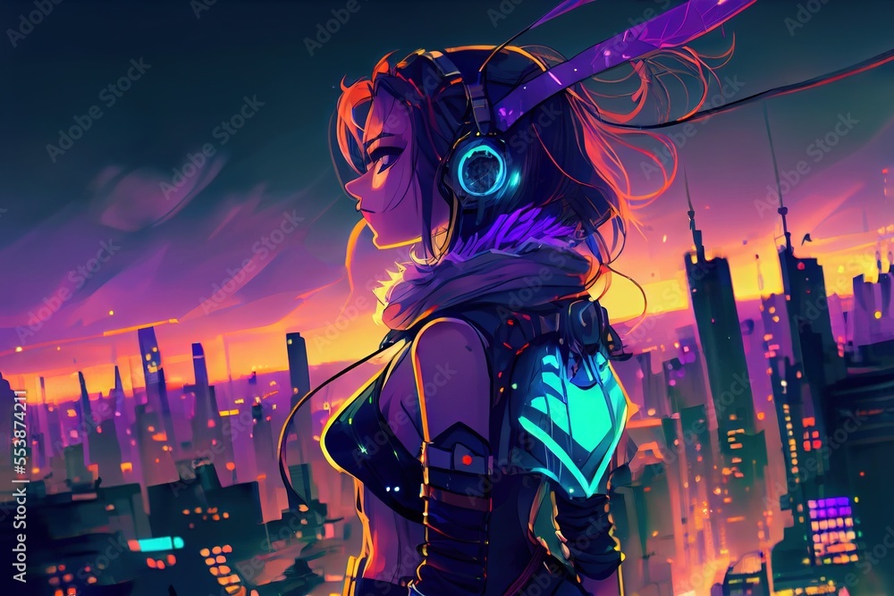 anime girl with headset vibe to music , cyberpunk, steampunk, sci-fi,  fantasy Stock Illustration