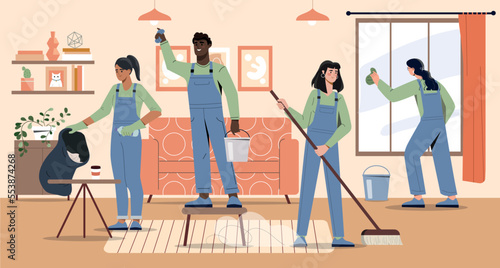 Cleaning team at home. Women and men in apartment with mops and cleaning supplies. Cleanliness and hygiene, comfort and coziness in room. Advertising poster or banner. Cartoon flat vector illustration