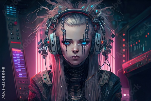 anime girl with headset vibe to music , cyberpunk, steampunk, sci-fi, fantasy © zedtox