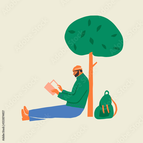 Young man reads a book seats in the park under the tree illustration in vector.