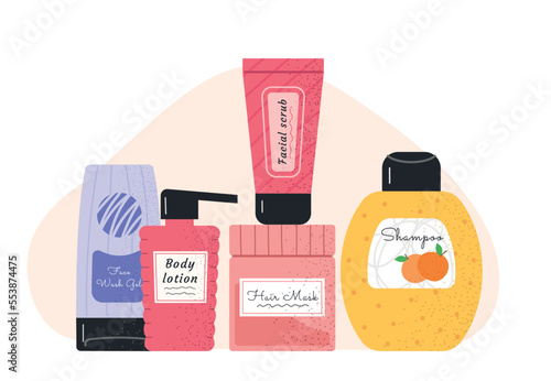 Set of cosmetics. Collection of gels and sprays, refreshing products. Youth, beauty and hygiene. Spa equipment concept. Sticker for social networks and messengers. Cartoon flat vector illustration