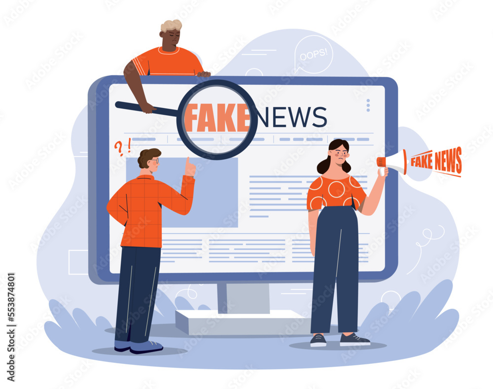 Fake news concept. Woman with loudspeaker and man with magnifying glass check information on Internet. Mass media quality control. Online knowledge metaphor. Cartoon flat vector illustration Fake news concept. Woman with loudspeaker and man with magnifying glass check information on Internet. Mass media quality control. Online knowledge metaphor. Cartoon flat vector illustration