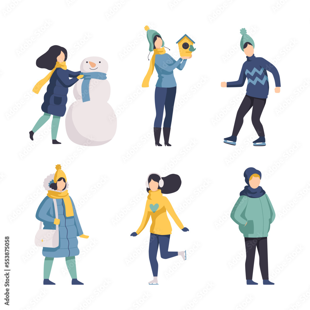 People Characters in Warm Winter Clothes Walking Outdoor in Cold Season Vector Set People Characters in Warm Winter Clothes Walking Outdoor in Cold Season Vector Set