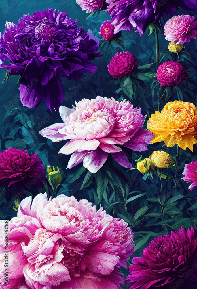Fototapeta premium Beautiful bouquet of flowers in reds yellows, pinks and purples. generative ai