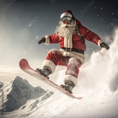 Santa snowboarding down a powdery winter slope