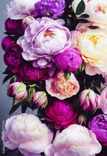 Beautiful bouquet of flowers in purples, pinks and whites.  generative ai