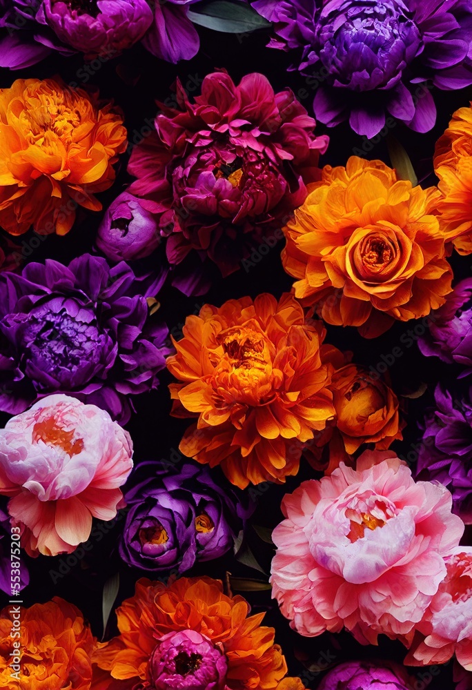 Beautiful bouquet of flowers in reds yellows, pinks and purples. generative ai Beautiful bouquet of flowers in reds yellows, pinks and purples. generative ai
