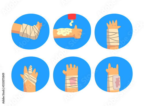 First Aid for Wounded Arm and Leg in Blue Circle Vector Set