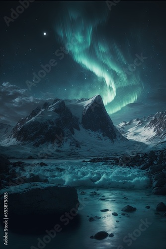 Aurora borealis, the northern lights in a wintery mountain scene. 