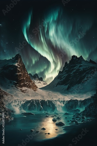 Aurora borealis, the northern lights in a wintery mountain scene. 