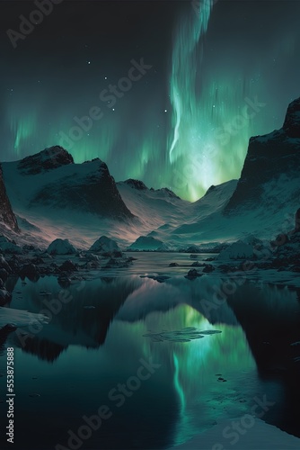 Aurora borealis, the northern lights in a wintery mountain scene. 