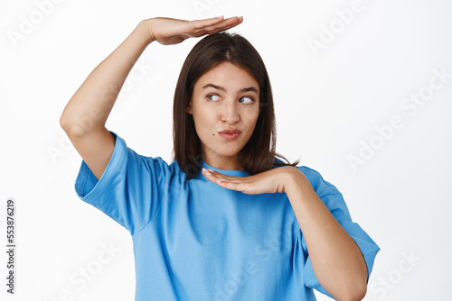 Εκτύπωση καμβά Image of cute brunette girl putting her head and face in frame, looking away and