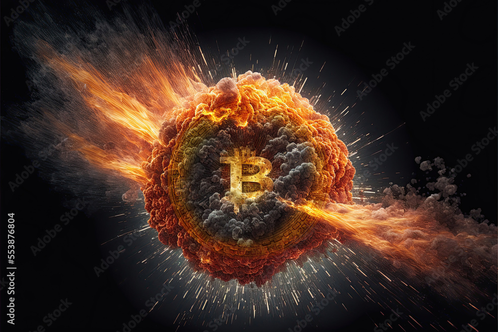 Bitcoin explosion in a fireball surrounded by flames on a black