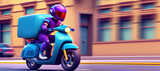 delivery motorbike or scooter driver with courier box on back going fast in motion blur, wide frame with copyspace area