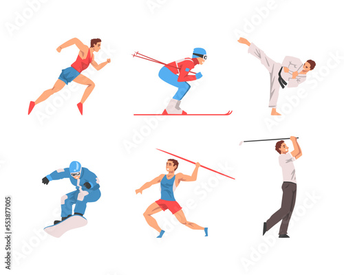 Man Character Running, Skiing, Doing Karate, Snowboarding, Playing Golf and Throwing Javelin Vector Set