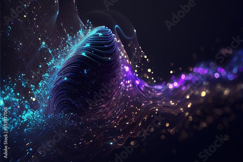Wave lines trails flowing dynamic in diverse colors isolated on black background. Abstract futuristic background, science, digital and communication concept. Generative ai illustration