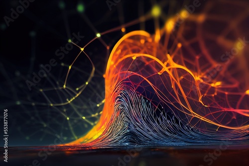 Wave lines trails flowing dynamic in diverse colors isolated on black background. Abstract futuristic background, science, digital and communication concept. Generative ai illustration