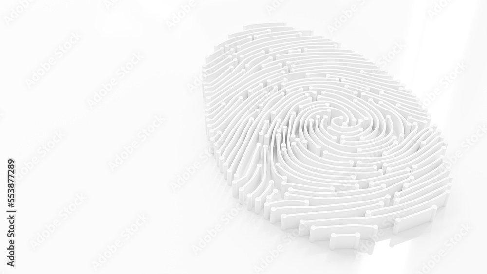 Digital fingerprint circuit white color. Security or computer concept design. Space side area for your text and banner design. Designed in minimal concept. 3D Render.