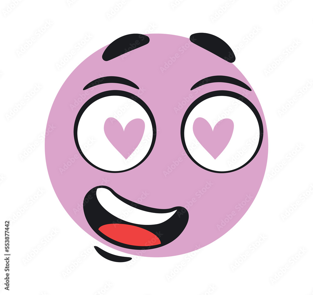 Funny love emoticon. Charming purple character with hearts in his eyes. Sticker for social media and messengers. Communication and interaction on Internet, romance. Cartoon flat vector illustration