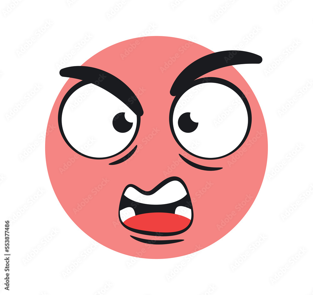 Funny angry emoticon. Graphic element for printing on fabric. Negative emotions and aggression, dissatisfied character. Communication and interaction on Internet. Cartoon flat vector illustration