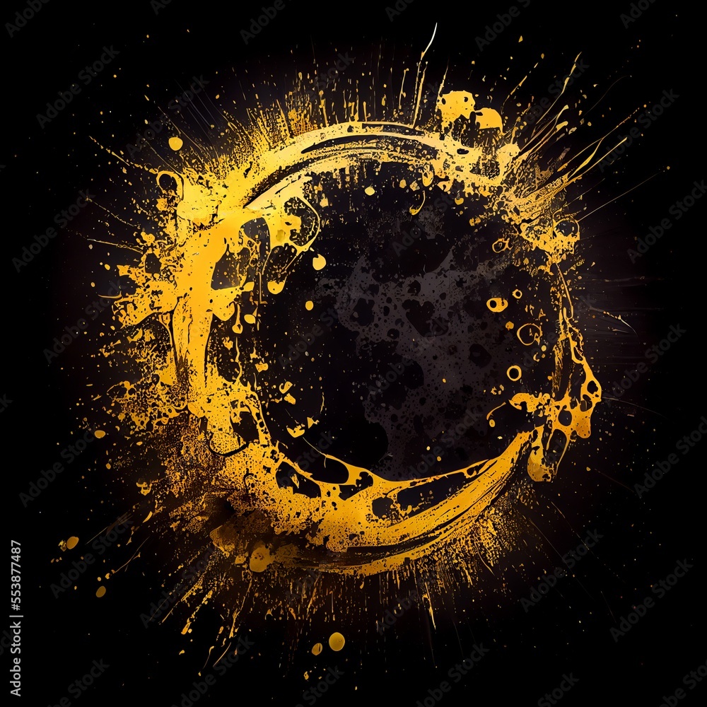 Yellow paint circle splash isolated on black background. Yellow color