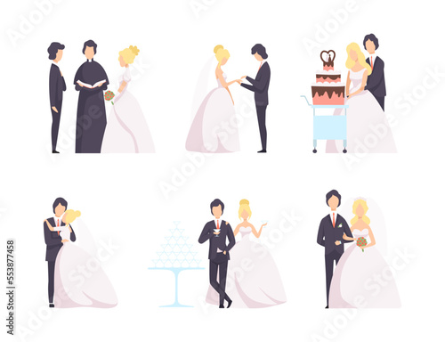 Newlyweds Couple as Just Married Male and Female in Wedding Dress and Suit Vector Set