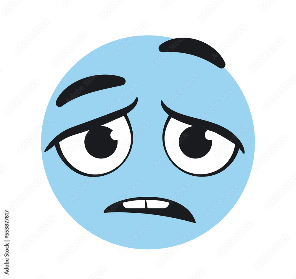 Funny sad emoticon. Confused and frustrated blue character. Poster or banner for website. Graphic element for printing on fabric. Negativity and pessimism concept. Cartoon flat vector illustration