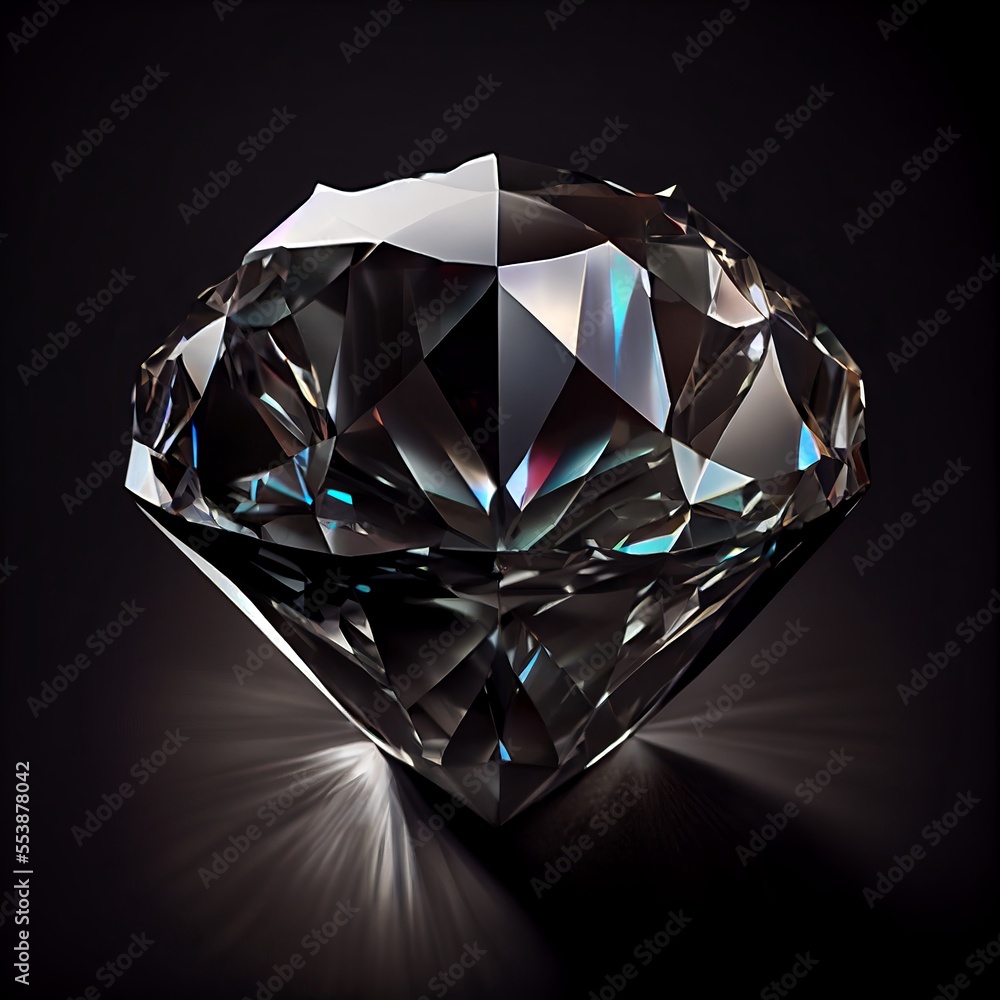 Shiny Black diamond gem isolated on black background. Natural precious  mineral stone artistic illustration. Decorative Black diamond crystal  gemstone realistic square poster. Stock Illustration