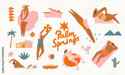 Palm Springs graphic set of characters of people, celebrities, mid century modern architecture objects. Vector illustration