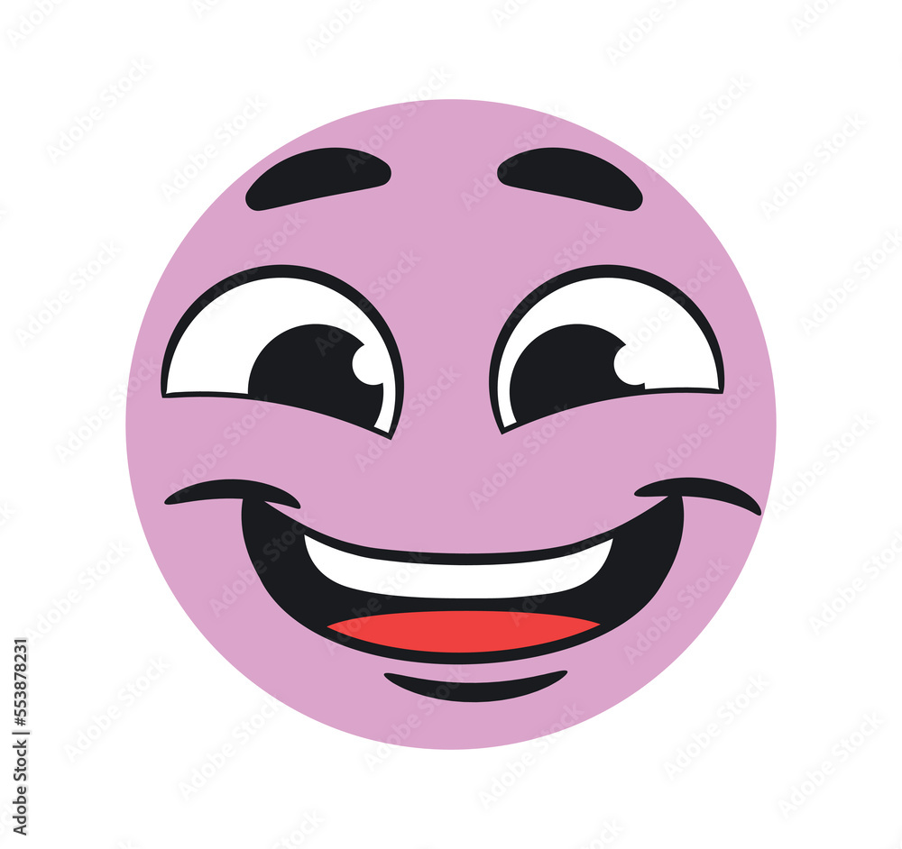 Funny smiling emoticon. Happy purple character, positivity and optimism. Graphic element for communication and interaction on Internet. Reaction for messengers. Cartoon flat vector illustration Funny smiling emoticon. Happy purple character, positivity and optimism. Graphic element for communication and interaction on Internet. Reaction for messengers. Cartoon flat vector illustration