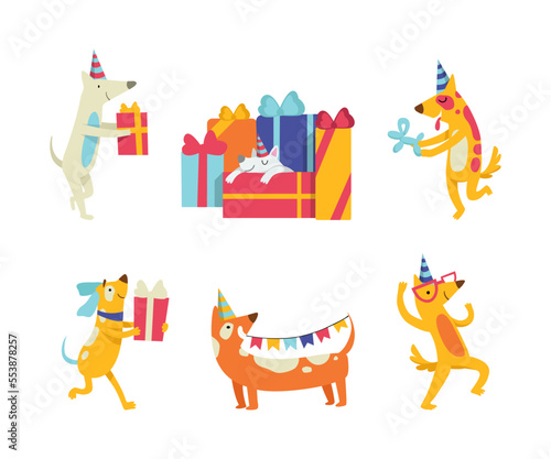 Cute Doggy Character in Birthday Hat Celebrating Holiday Vector Set
