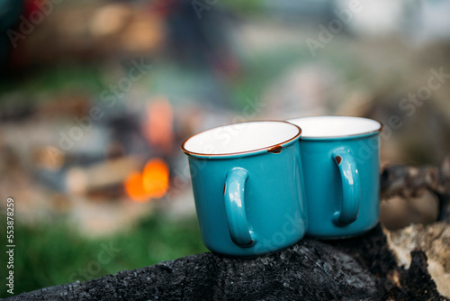 cup of coffee. Camping coffee cups. Camping. Forest. Background. Nature. 