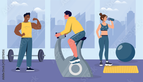 People training at gym. Man on exercise bike next to woman with dumbbell. Muscle strengthening and cardio training, fitness and sport. Active lifestyle and healthcare. Cartoon flat vector illustration