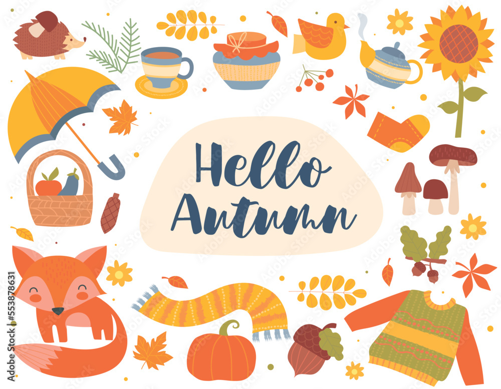 Hello autumn set. Collection of seasonal items, sweater and scarf, foliage, fall, fox and pumpkin. Poster or banner for website. Cartoon flat vector illustrations isolated on white background