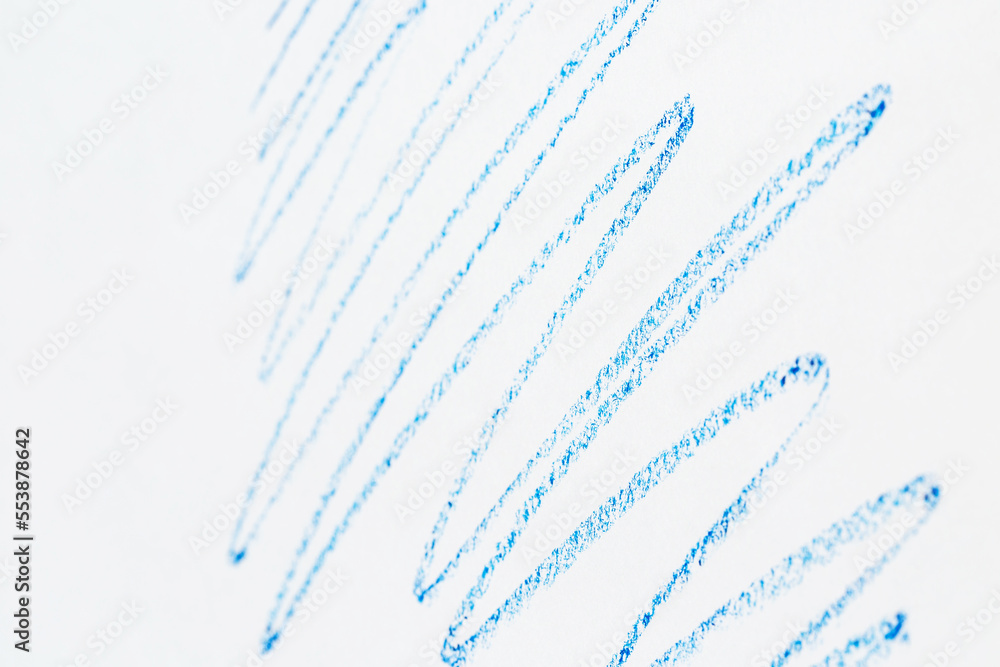 Close-up of the blue crayon picture with white paper background