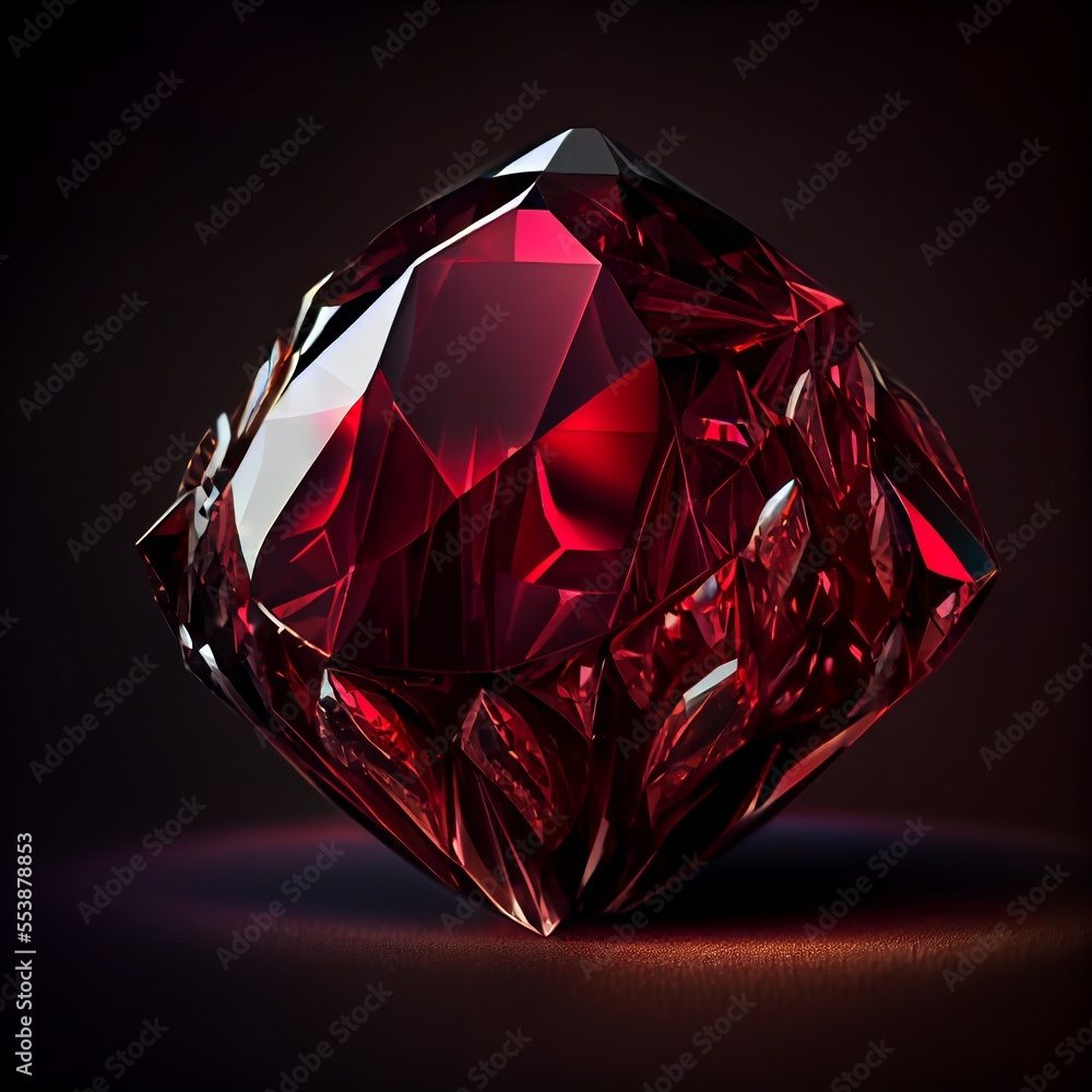 Shiny Crystal ruby gem isolated on black background. Natural precious mineral stone artistic illustration. Decorative Crystal ruby gemstone square realistic poster.