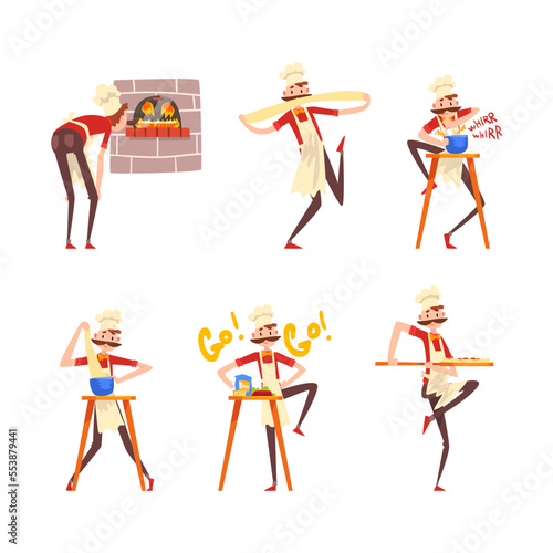 Moustached Male Pizza Maker in Apron Preparing Italian Pizza Kneading Dough Vector Set