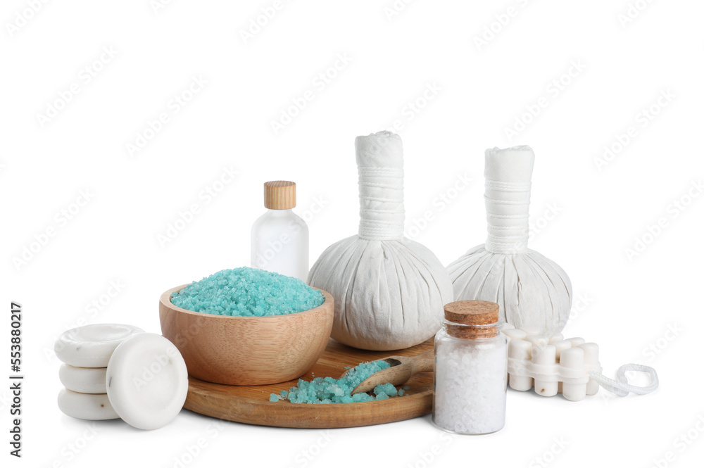 Beautiful composition with different spa products on white background Beautiful composition with different spa products on white background