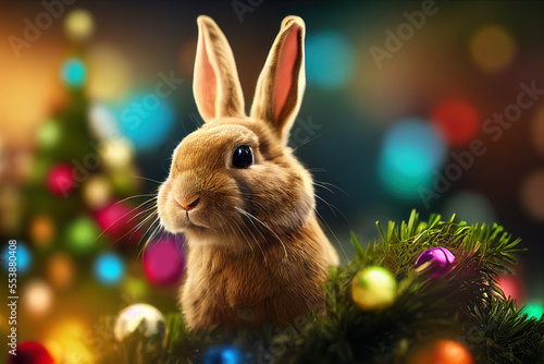 Christmas bunny  A cute rabbit in front of a christmas tree  bokeh background with text space. Content is created with generative ai