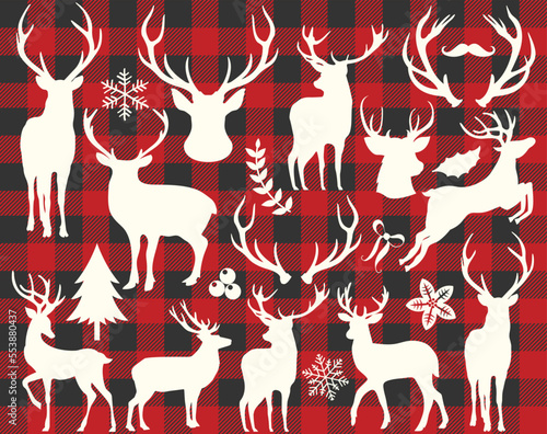 Reindeer Silhouettes, Christmas, Antlers, Plaid, Buffalo Check