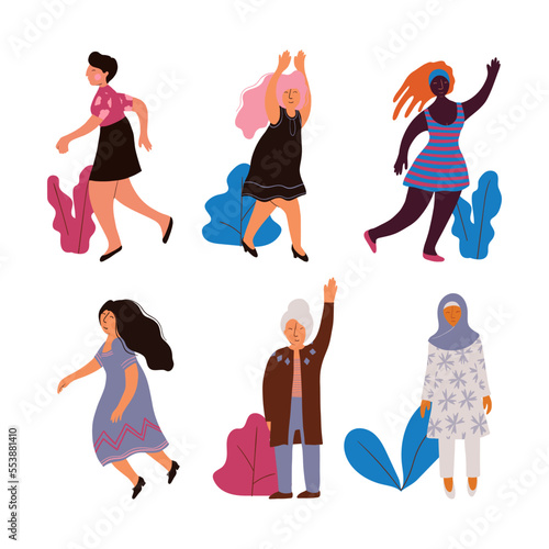 Diverse Woman Standing with Raised Hands Showing Self Confidence Vector Set