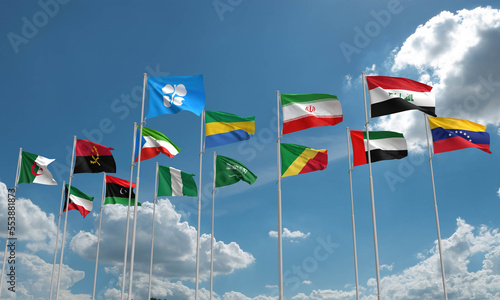 Group country national opec plus flag waving blue sky cloudy business economy energy power petroleum diesel gasoline fuel chemical financial market import export industry government arab emirate