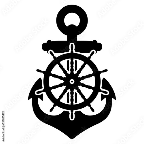 Anchor With Ship Steering Wheel Silhouette Vector